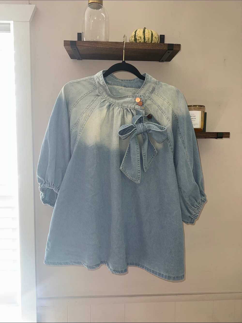 Light Blue Denim Puff Sleeve Bow-Accent Top Size XL